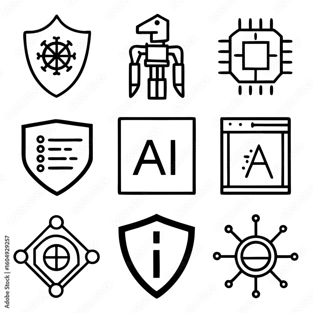 Poster collection of nine modern technology and security icons including ai robot circuit board and shield 