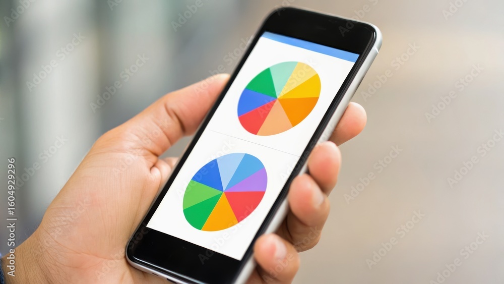 Poster a hand holds a smartphone displaying colorful pie charts, illustrating data analysis or presentation