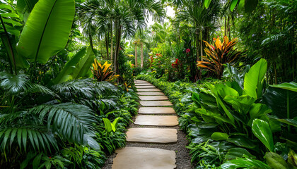 Obraz premium Tropical garden path with stone slabs surrounded by lush greenery and vibrant plants
