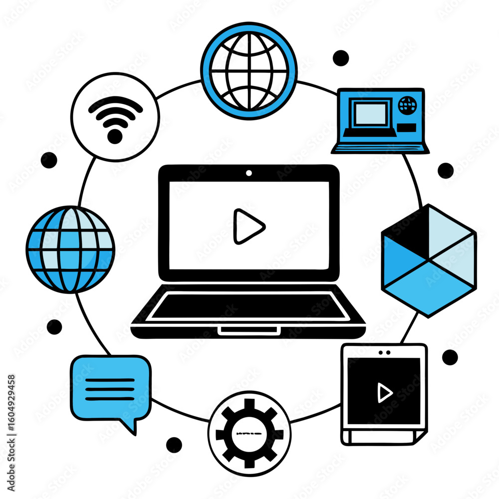 Aufkleber digital technology and online communication network connecting devices and services with icons
