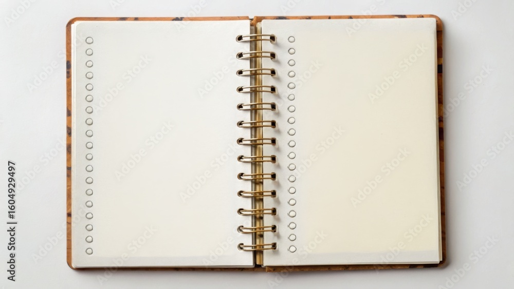 Poster an open blank notebook with a spiral binding, showcasing empty pages ready for notes or ideas.