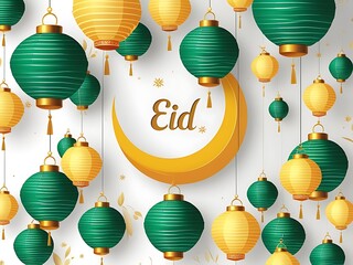 Eid lanterns with crescent moon, and celebration.