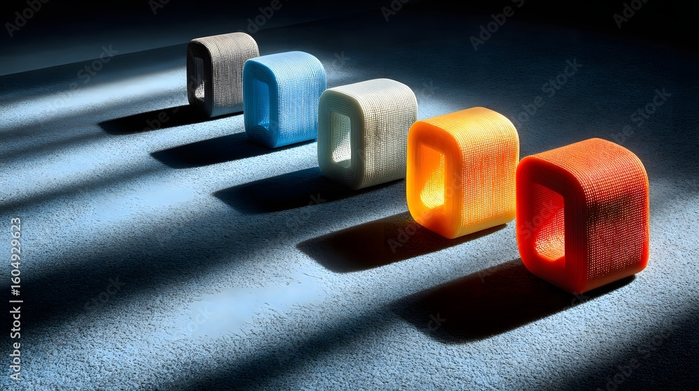 Poster colorful 3d printed objects in a row.