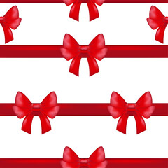 Seamless pattern with shiny red ribbons and bows on a transparent background.