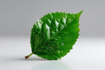 Green leaf with digital circuit pattern on white background