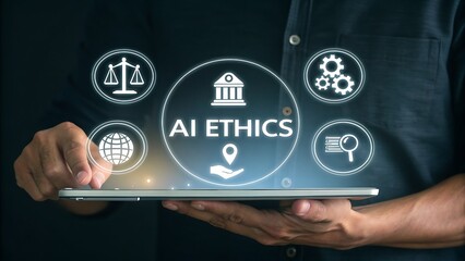 Ethical Artificial Intelligence Concept: Technology for Responsible Innovation, Global Governance, and Human Values, Shown on Digital Tablet.