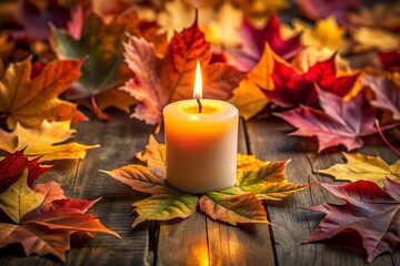 A lit candle surrounded by colorful autumn leaves on a wooden table