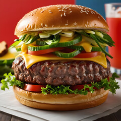 Juicy beef burger with fresh toppings and a side of red drink