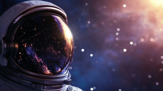 Astronaut's helmet visor reflects a vibrant nebula, showcasing the wonders of space exploration and the beauty of distant galaxies during a spacewalk