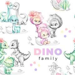 Seamless pattern with Watercolor baby dinosaur, Dino family Clipart for babyshower, nursery, decor, stickers, prints with historical animals
