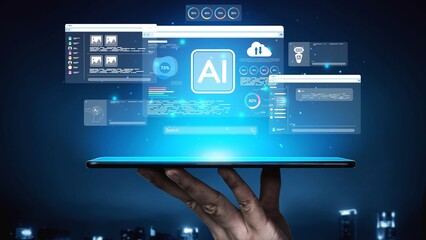 Fototapeta premium AI Assistant Brain Processor with LLM Technology, Big Data, Machine Learning, Generative AI for Business Support, Future Agentic AI Technology and Artificial Intelligence Prompt Engineering. Muxer