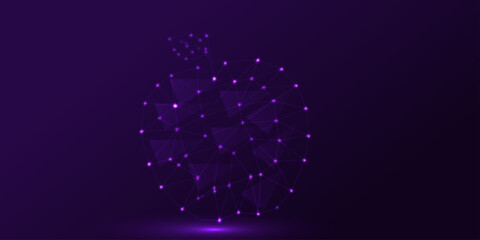 Polygonal technology apple background. Apple fruit made of futuristic  dark purple  background. This futuristic image represents the idea of using technology to create new foods. low poly wireframe.