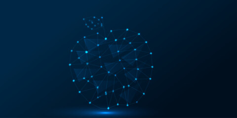 Polygonal technology apple background. Apple fruit made of futuristic  dark blue  background. This futuristic image represents the idea of using technology to create new foods. low poly wireframe.