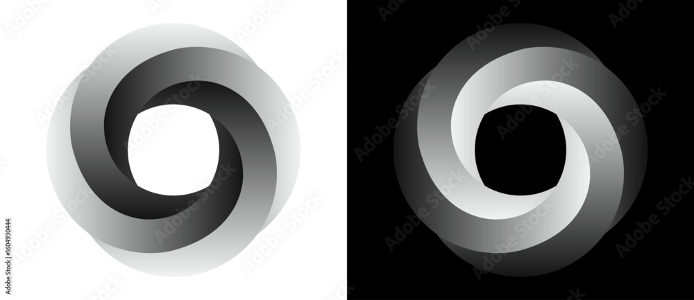 Poster set of circles with gradient. one spiral on white background and negative spiral on black background