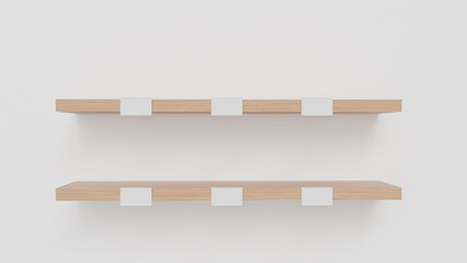 Two wall-mounted wooden shelves with price tags on a white background as a template for placing...