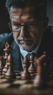 Senior man with glasses intently studying chess pieces on a checkered board