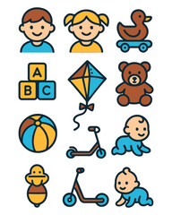 Colorful Kids Toy and Education colorful illustrations Icon Set – Baby, Puzzle, Scooter, ABC Blocks, Bath, Book