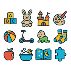Colorful Kids Toy and Education Icon Set – Baby, Puzzle, Scooter, ABC Blocks, Bath, Book, colorful illustrations.