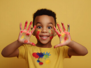 A playful boy showing paint-covered hands