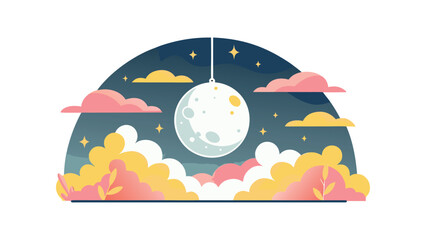 Fototapeta premium Vector illustration of glowing full moon in night sky above fluffy yellow and pink clouds, magical Halloween landscape with stars and dreamy foliage