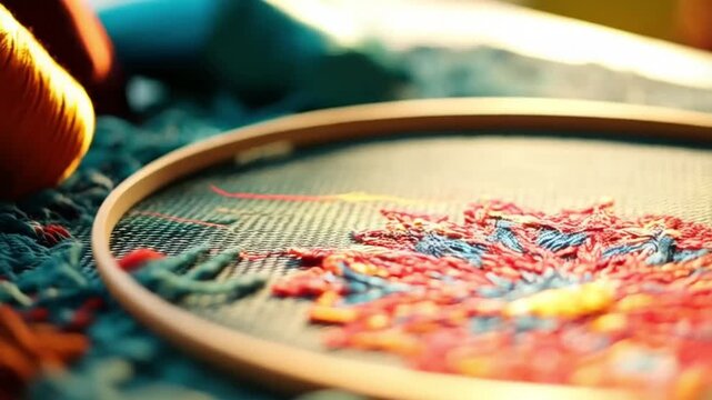 Close-Up of Vibrant Hand Embroidery on Fabric for World Embroidery Day Celebration