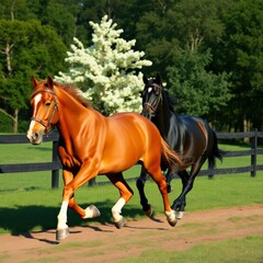 Obraz premium brown and black horses running in the horse field 