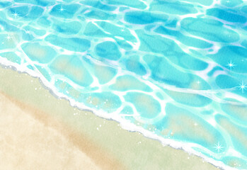 砂浜と海　背景イラスト　風景　水彩　夏　波打ち際　海岸