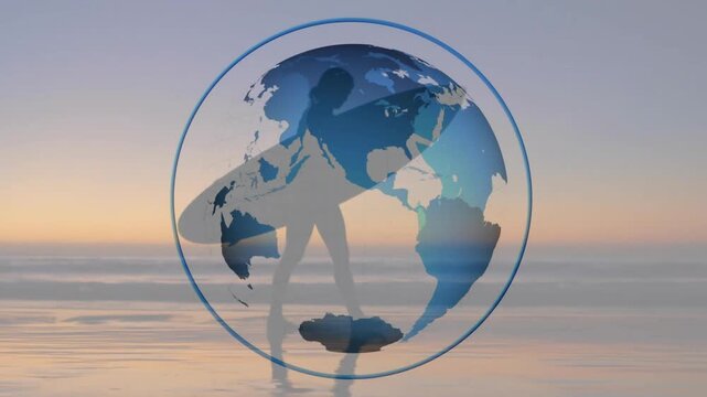 Surfer emerging at dawn carrying board causing tech globe overlay rotating continents for surf prep