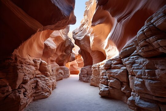 The iconic Upper Antelope Canyon in Arizona, USA, with beams of sunlight shining through narrow passages, illuminating the stunning desert sandstone walls.