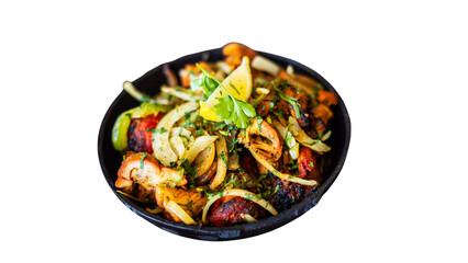 spicy stir-fried vegetables with lemon and herbs
caramelized onion and pepper mix with bold seasoning
flavorful vegetarian stir-fry served with fresh garnish