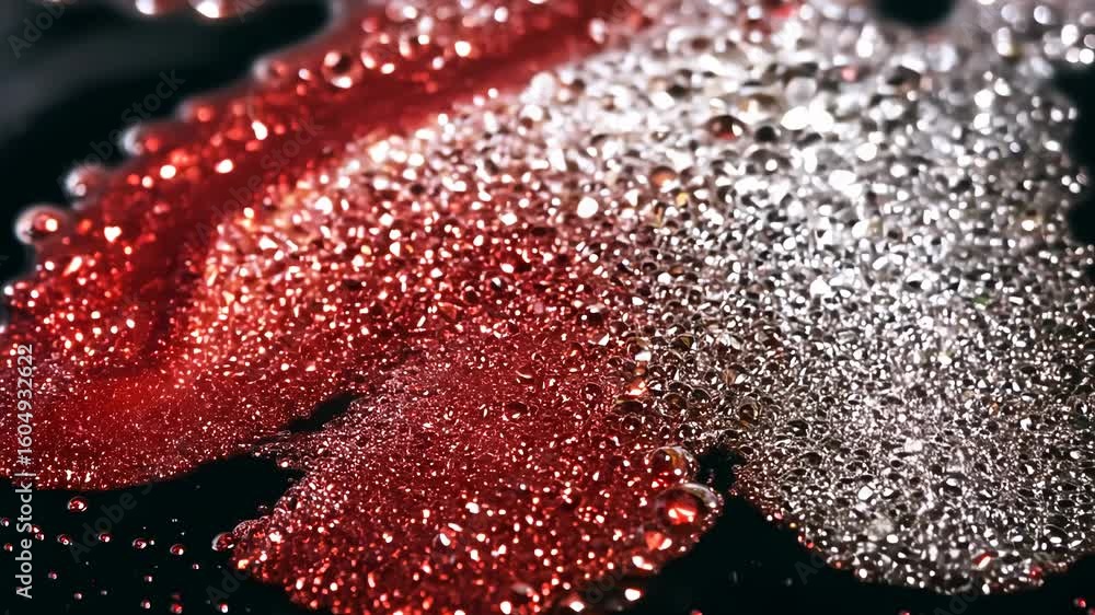 Aufkleber dynamic drops of red and white glitter in black oil or ink diffusing through liquid, creating an abs