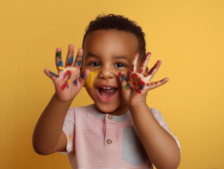 A playful boy showing paint-covered hands