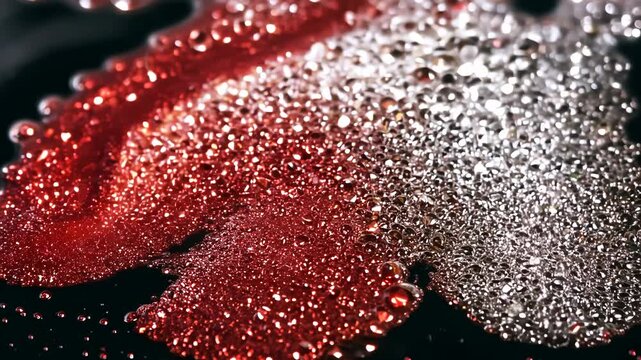Dynamic drops of red and white glitter in black oil or ink diffusing through liquid, creating an abstract aquatic swirls