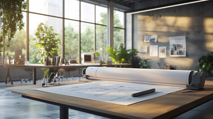 A large format printer producing architectural blueprints in a bright, modern office, highlighting precision and technology in design.