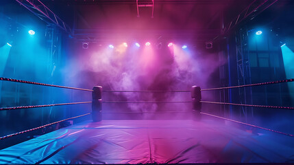 Dramatic boxing ring illuminated by vibrant pink and blue stage lights with atmospheric smoke setting an intense mood for competition