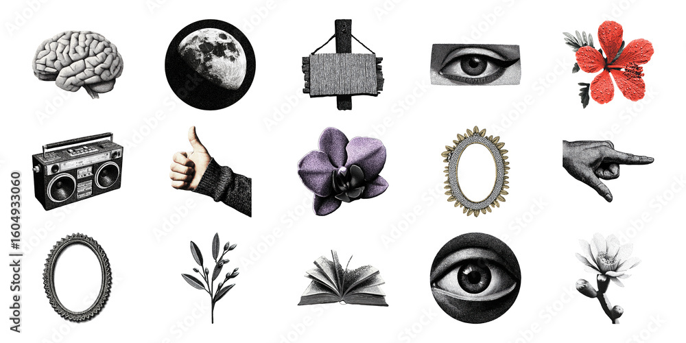 Poster retro cut-out elements set. vintage nostalgic objects and symbols collection illustration isolated o