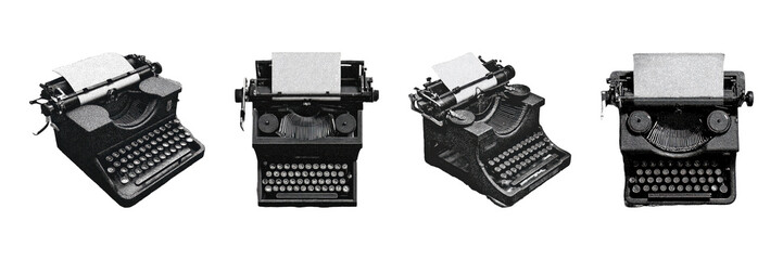 Vintage Typewriter Cut-Out Set. Retro Writing Machine Collection Illustration Isolated On Transparent Background