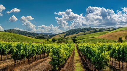 Fototapeta premium The serene vineyard landscape showcasing vibrant green rows and rolling hills.