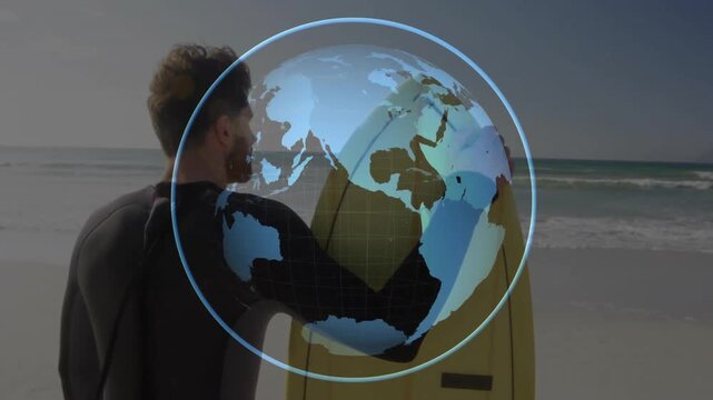 Surfer adjusting surfboard grip on shoreline as travel globe rotating and illustrating surf journey