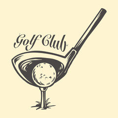 Vintage-style vector illustration of a golf club hitting a ball, with typography 