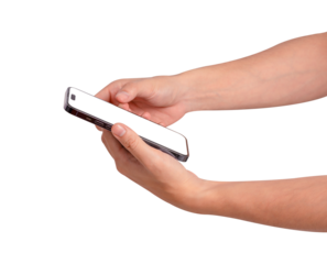 Hand using smartphone with blank screen isolated on transparent PNG.