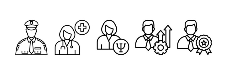 Mature Professional Icon Set, Containing design Security Guard, Doctor, Psychologist, Professional Development, Professional Success