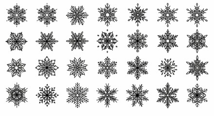 Snowflake Line Icon Set – Mandala Style Winter Patterns and Teardrop, Diamond Elements for Christmas & New Year Vector Illustration

