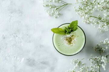 Refreshing green smoothie garnished with mint, served in a glass on a marble background.