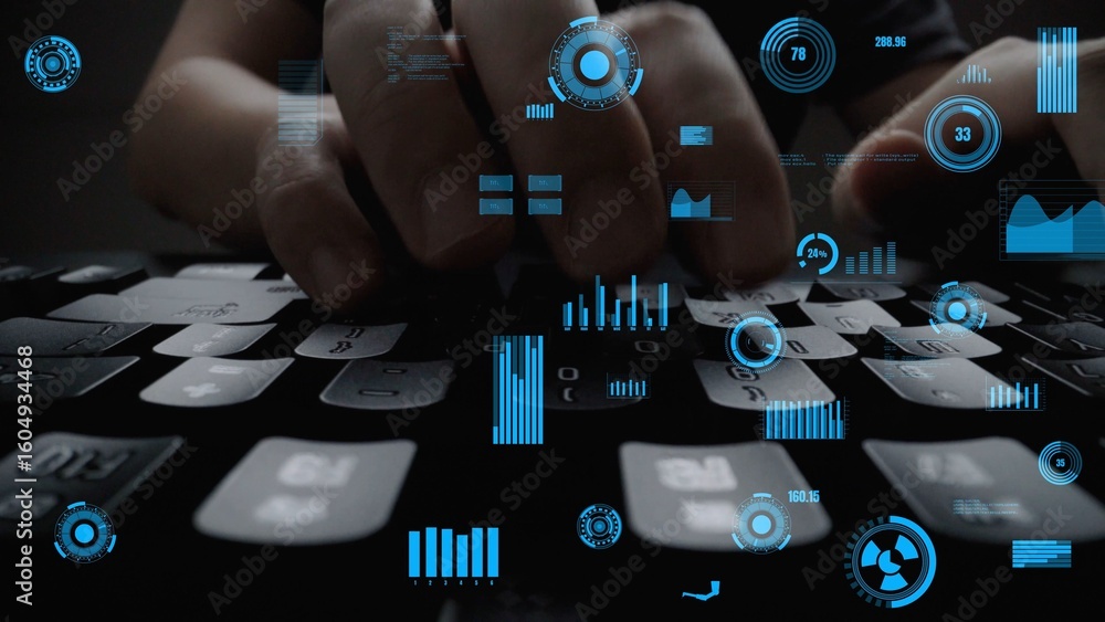 Aufkleber a dynamic image showcasing hands typing on a sleek keyboard, enhanced by floating digital graphics t