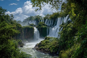 Iguazu Falls: Majestic Waterfall in Lush Rainforest.