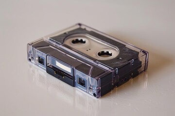 Obraz premium A clear audio cassette tape rests on a reflective surface. The tape's dark magnetic ribbon is visible through the clear casing.