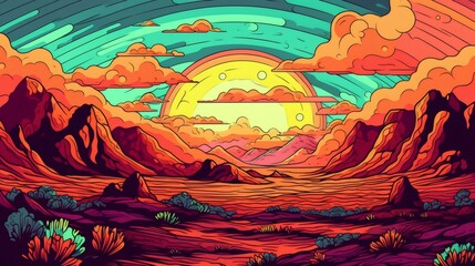 Vibrant surreal landscape with mountains and sun shining through colorful clouds