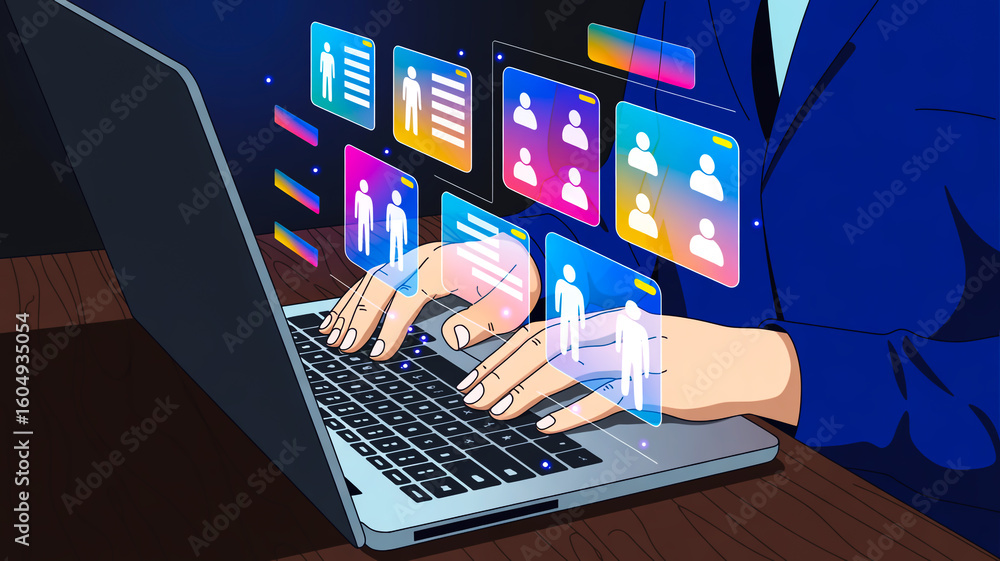 Poster hands typing on sleek laptop keyboard, glowing holographic ui elements floating above in futuristic 