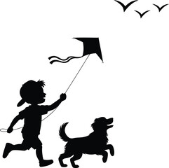 Boy Flying Kite with Dog Silhouette - Outdoor Childhood Play Vector